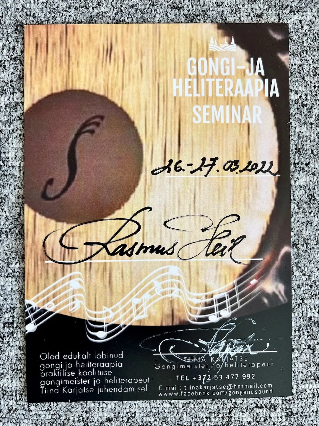 Rasmus Väli Gong and sound therapist certificate, 2022