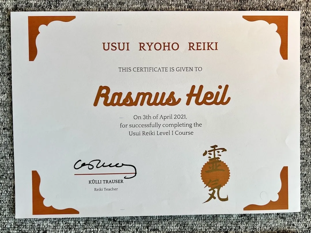 Rasmus Väli Reiki Level 1 certificate, 2021