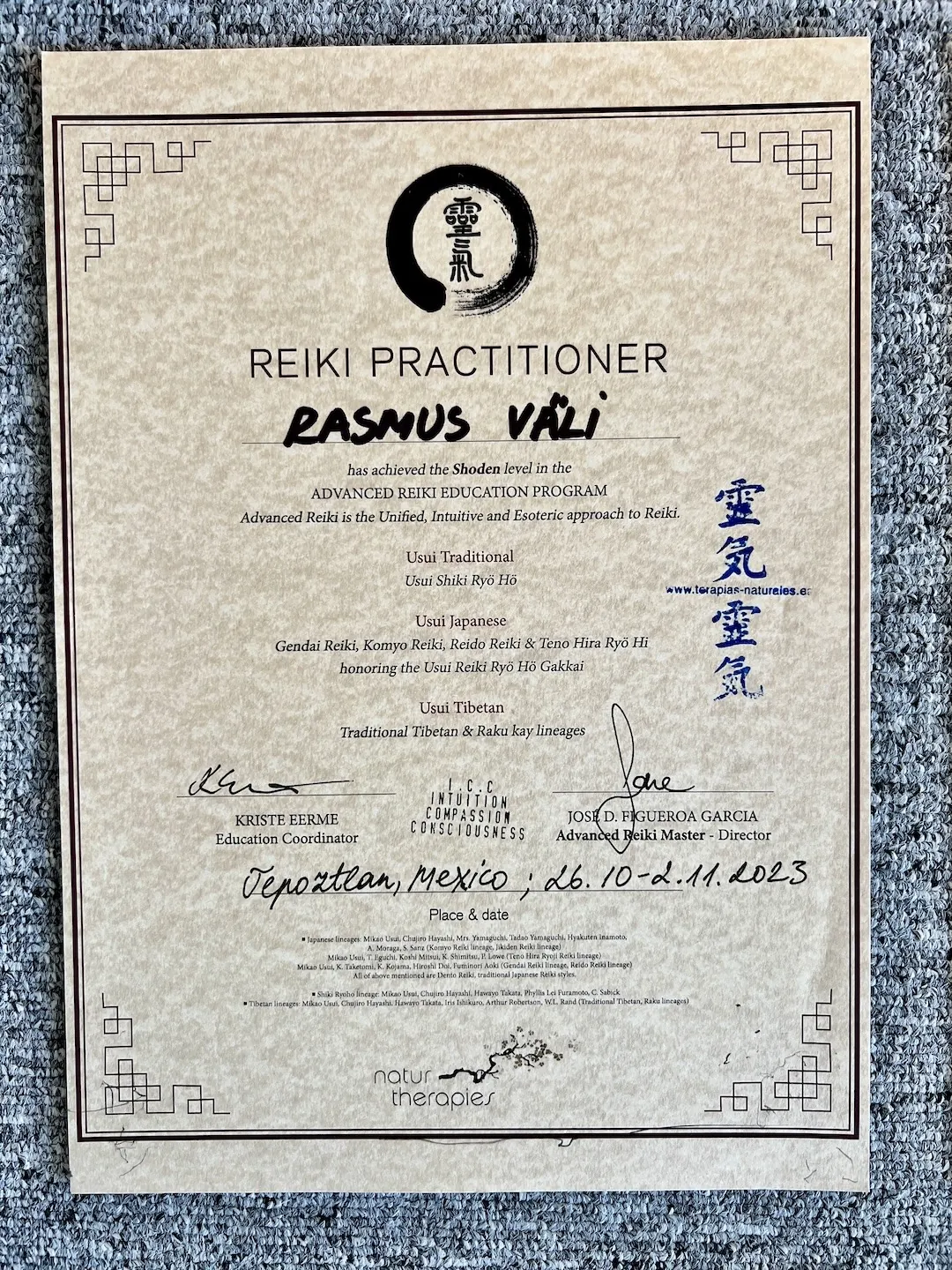 Rasmus Väli Reiki practitioner certificate, Mexico 2023