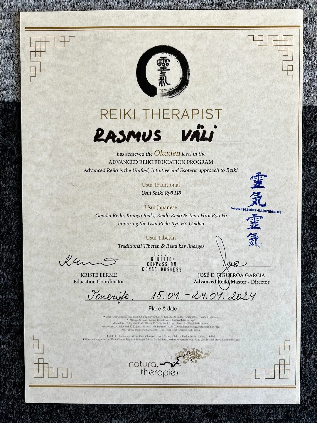 Rasmus Väli Reiki therapist certificate, Tenerife 2024