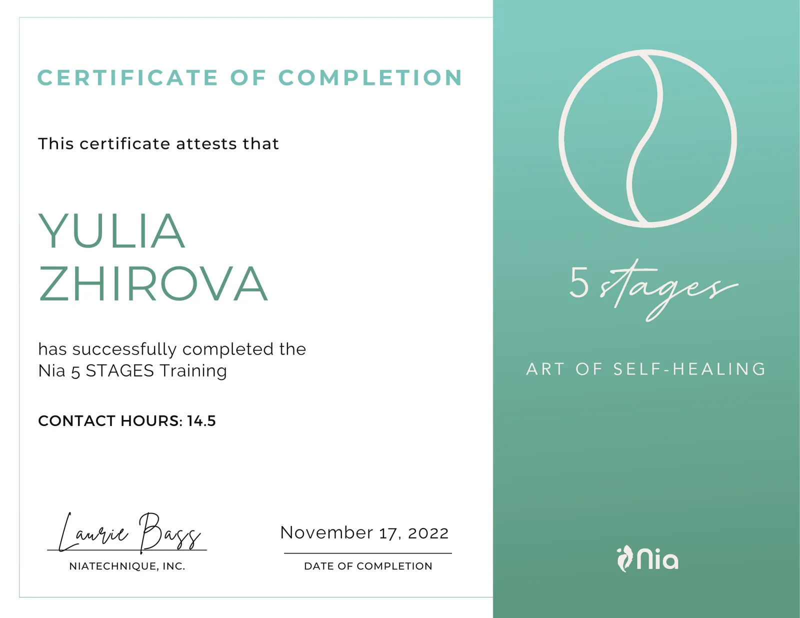 Yulia Zhirova Nia 5 Stages Training sertifikaat, 2022