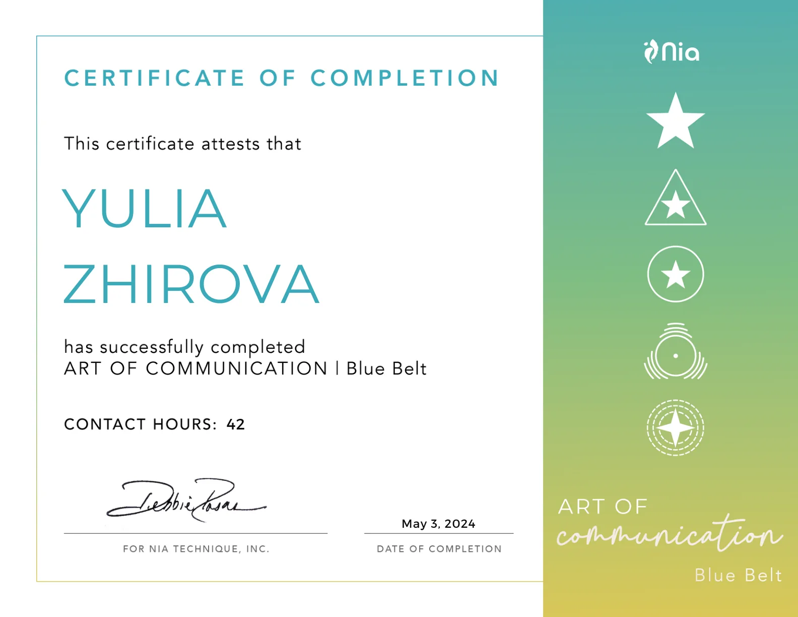 Yulia Zhirova Nia Art of Communication Blue Belt sertifikaat, 2024