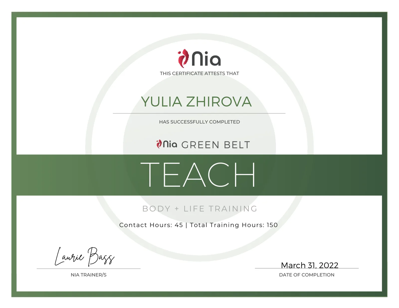 Yulia Zhirova Nia Green Belt Teach sertifikaat, 2022