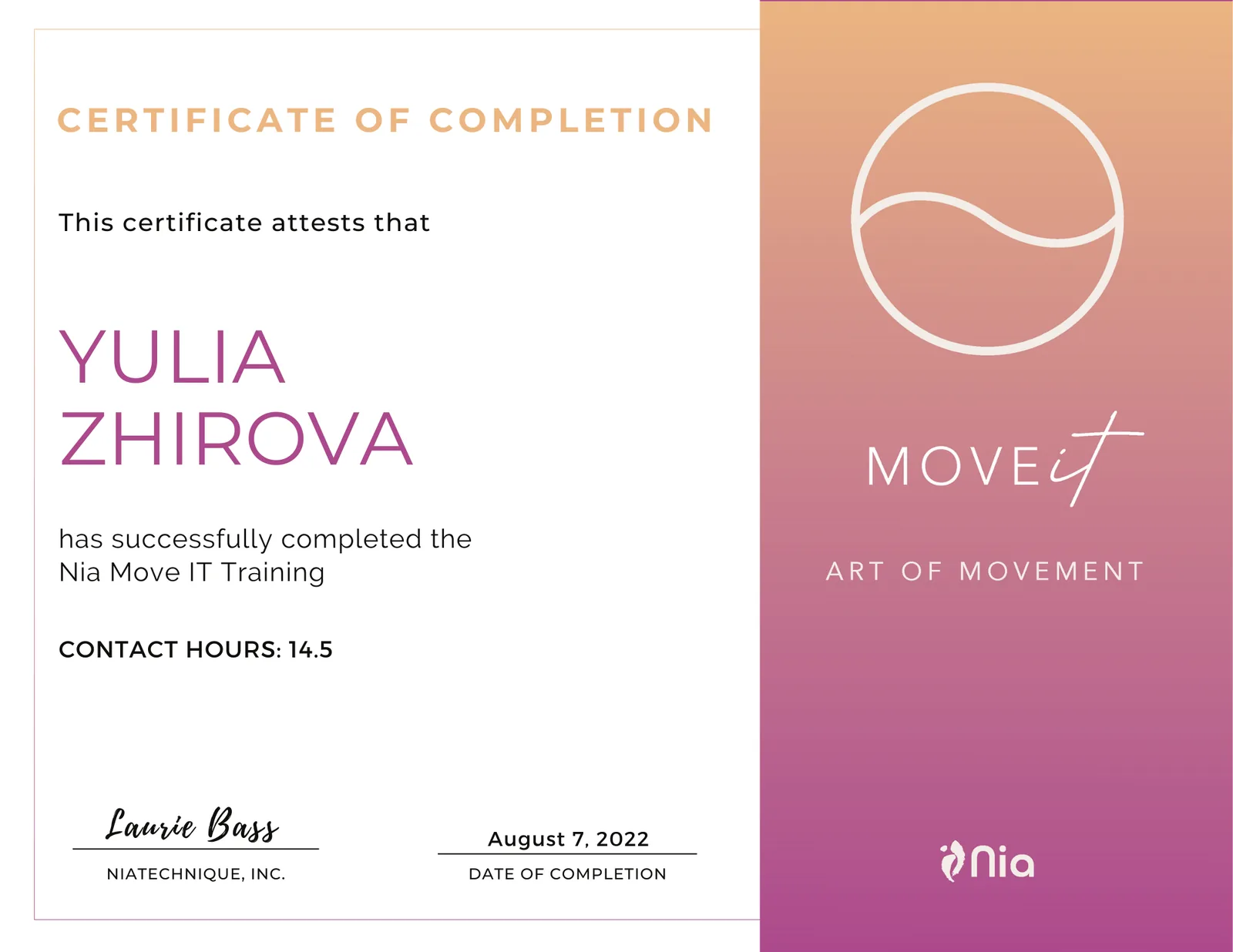 Yulia Zhirova Nia MOVE it Training sertifikaat, 2022