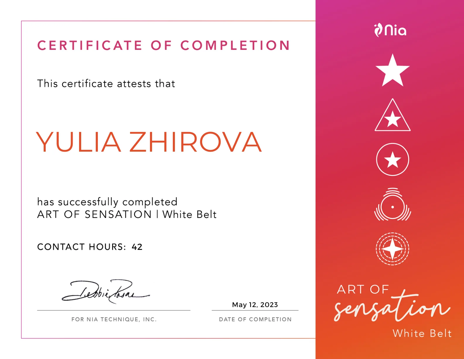 Yulia Zhirova Nia Art of Sensation White Belt sertifikaat Debbie Rosasega, 2023