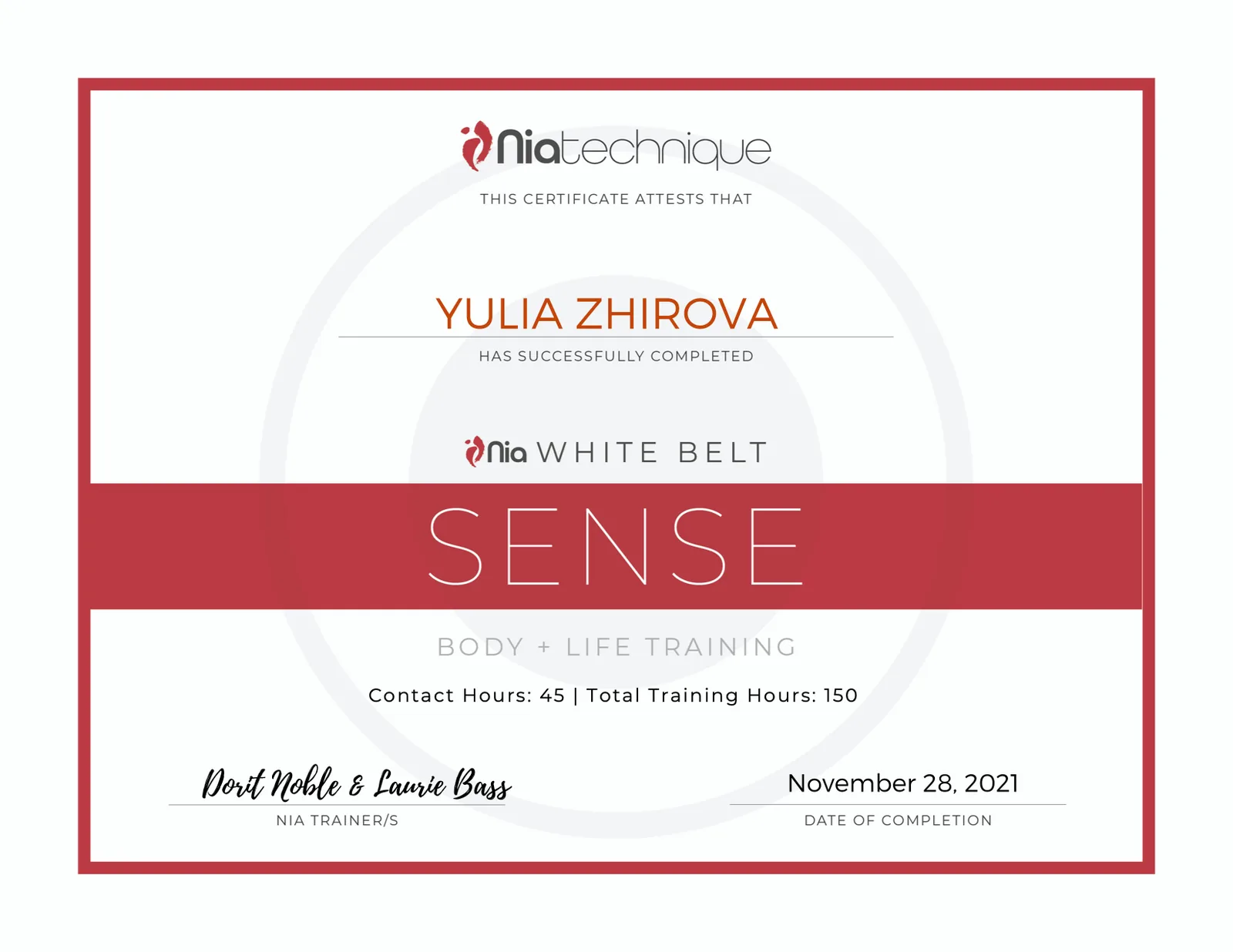 Yulia Zhirova Nia White Belt Sense sertifikaat, 2021